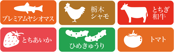 プレミアムヤシオマス、栃木シャモ、とちぎ和牛、とちあいか、ひめきゅうり、トマト