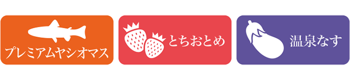 プレミアムヤシオマス、とちおとめ、温泉なす